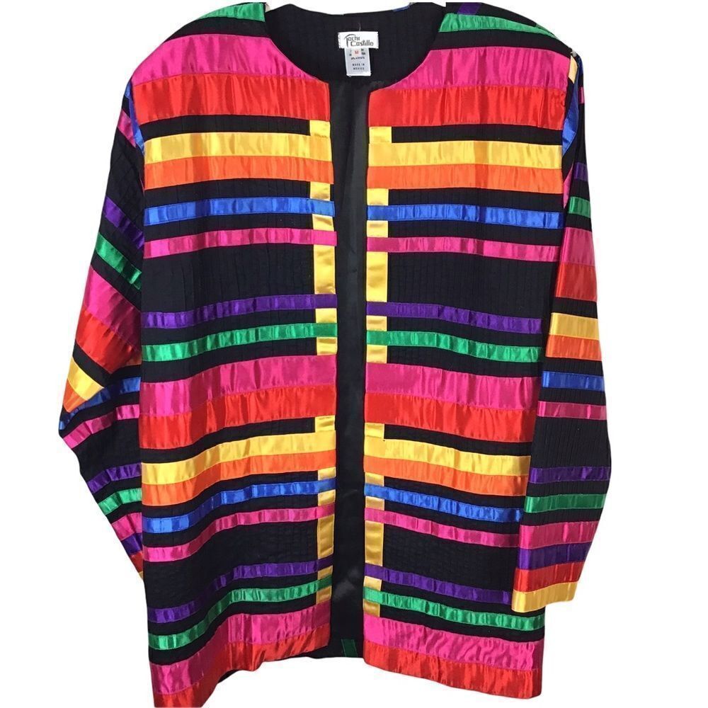 Multicolor Stripe Open-Front Jean Jacket by